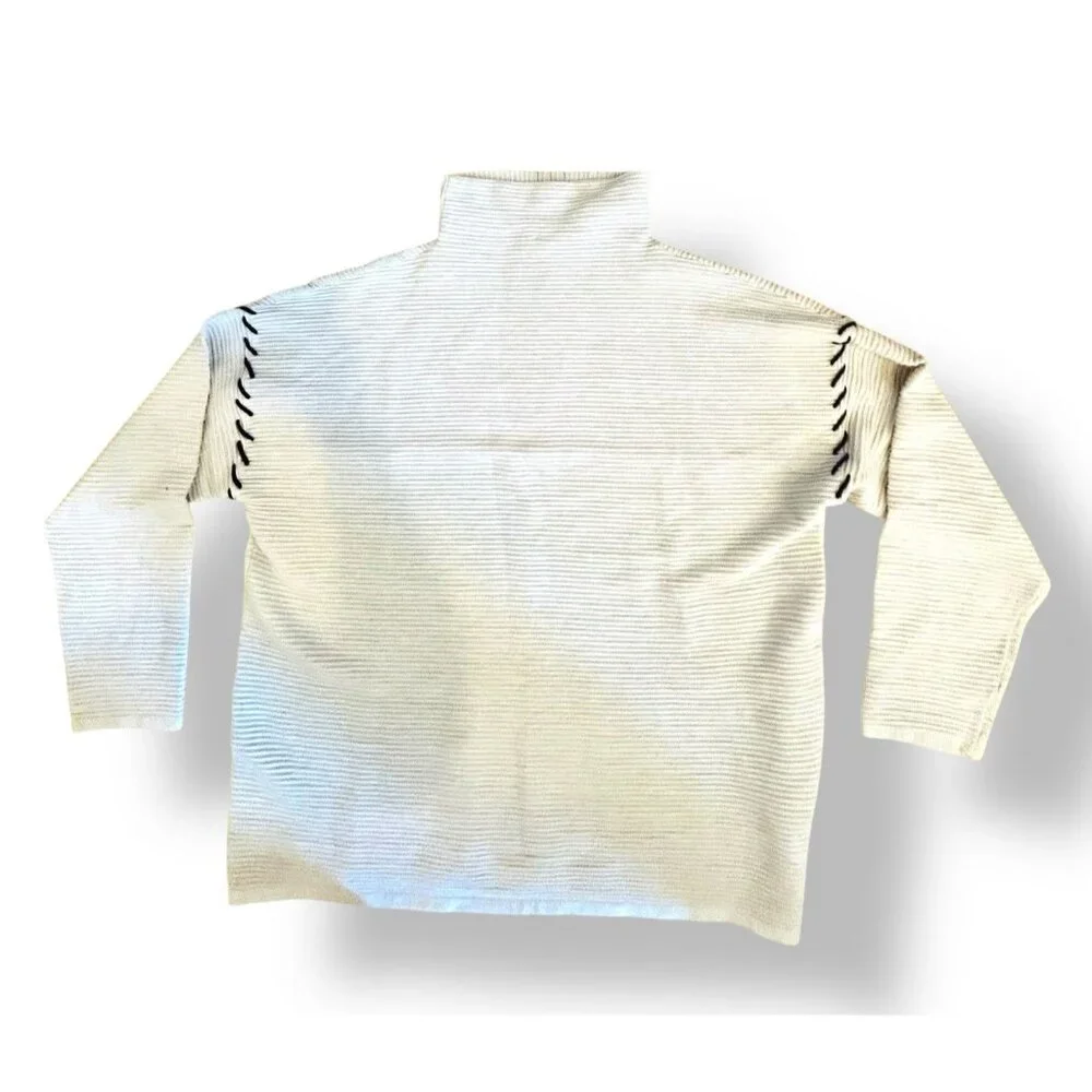 Tahari Women’s Sweater‎ XL Beige Ribbed Turtleneck Pullover Black Stitch Detail - Picture 16 of 16